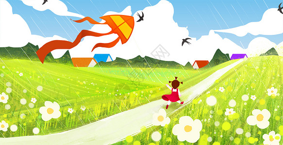 一望无际的蓝天春天放风筝的小女孩插画