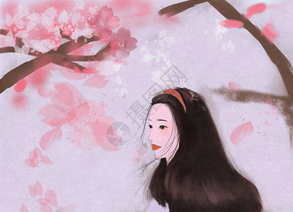 漂亮勿忘我花语春天樱花少女插画