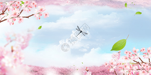 浪漫复古蓝天白云鲜花背景设计图片
