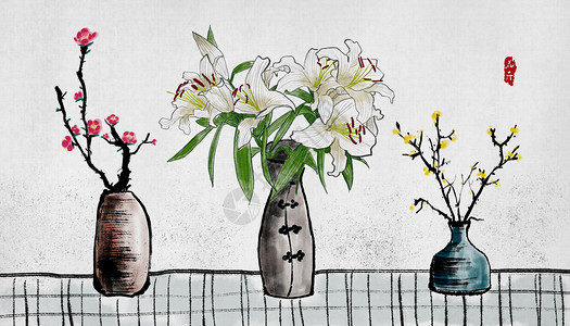 插花花瓶装饰中国风花卉水墨画插画