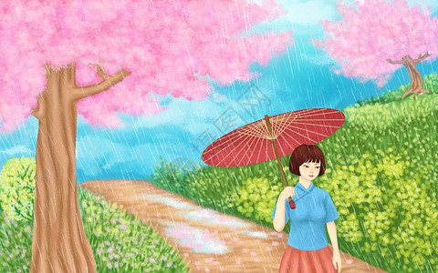 清明雨季女孩背景图片