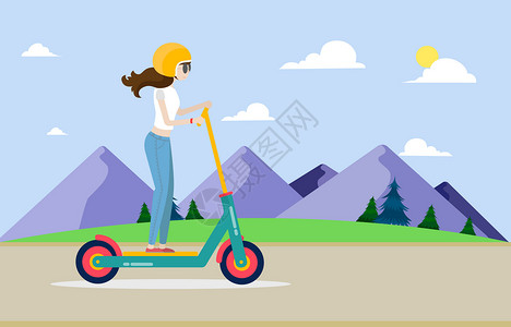 自行车复古滑板车女孩骑代步车出游插画