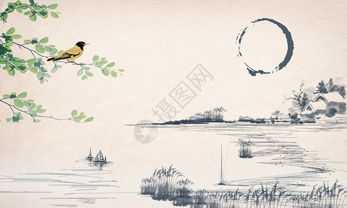黄色的小船中国风背景设计图片