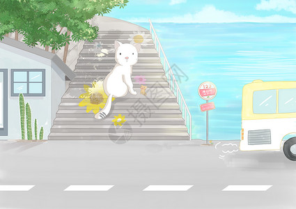 猫巴士春日海边猫插画