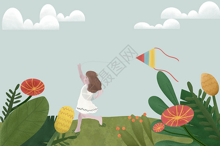 春天小女孩放风筝背景图片