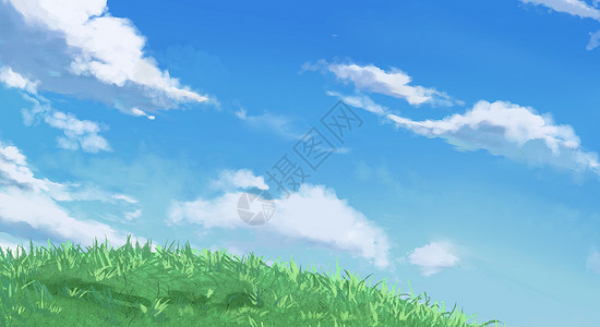 叶子白云天空下的草地插画