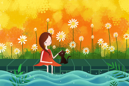 水里动图素材池塘边的女孩与猫插画