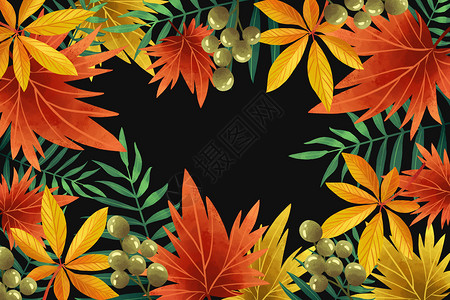 彩色树叶枫叶叶子黑底枫叶素材背景插画