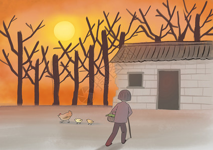 父母养老孤独老人回家的夕阳插画