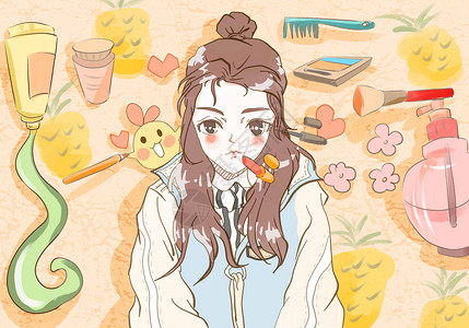 香水菠萝女孩与化妆品插画