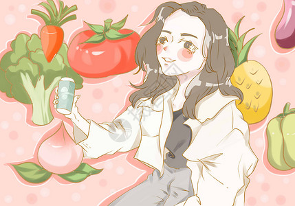 水果美容女孩与健康的食物插画