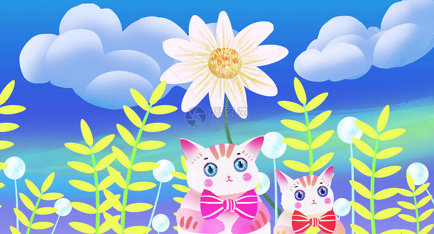 花儿与猫可爱插画图片