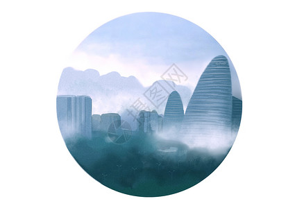 雾朦胧雨中的望京SOHO插画