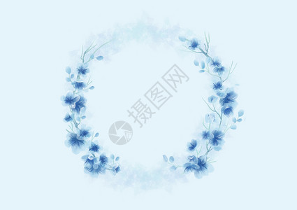 蓝色花卉边框蓝色水彩花环插画