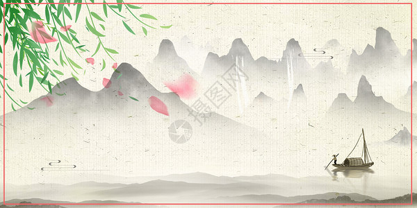 历史纹理古风绿叶桃花山水背景设计图片