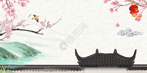 历史海报中国风毛笔字山水墙背景设计图片