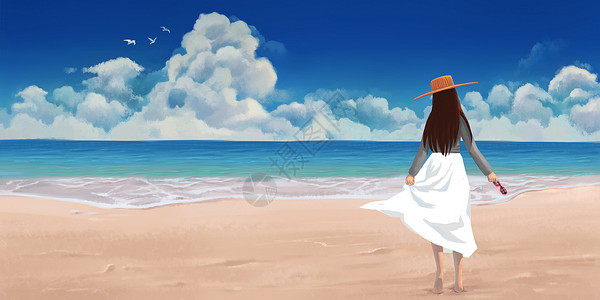 夏日清凉海滩夏天沙滩的白裙女孩插画