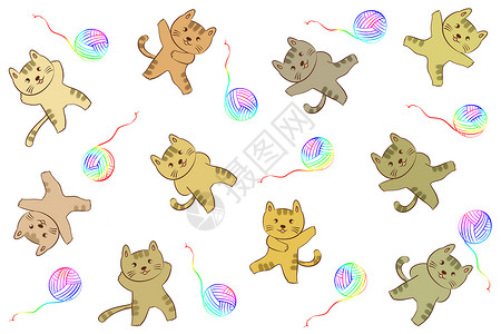 小猫png卡通小猫和彩色毛线团素材插画