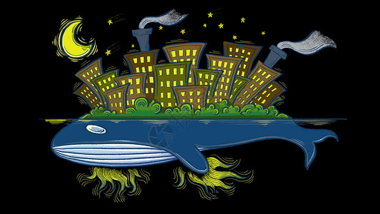简约建筑壁纸夜与鲸鱼唯美插画插画