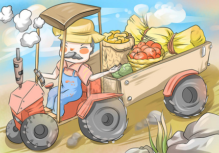 稻草拖拉机辛勤劳动的农民插画