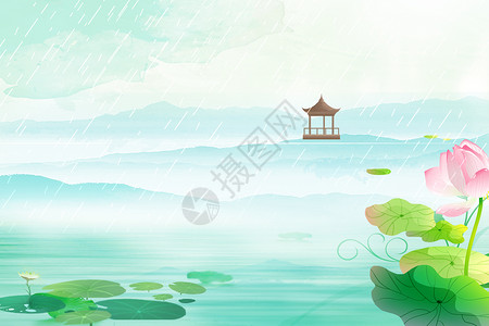 雨天插画春色湖泊背景设计图片