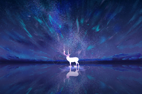 白色麋鹿星空下的光鹿插画