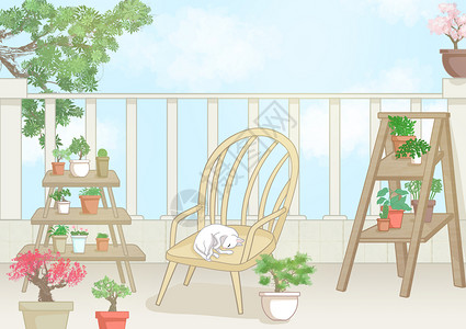 绿色阳台春暖花开的阳台插画