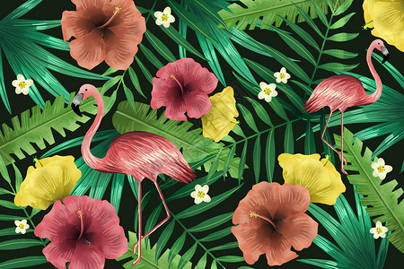 绿色树叶和花朵火烈鸟植被背景插画