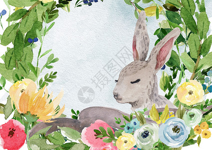 玫瑰花冠茶花和兔子插画
