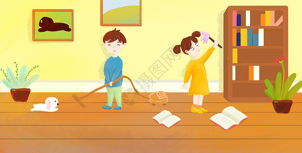 5岁男孩劳动节卡通人物打扫卫生插画