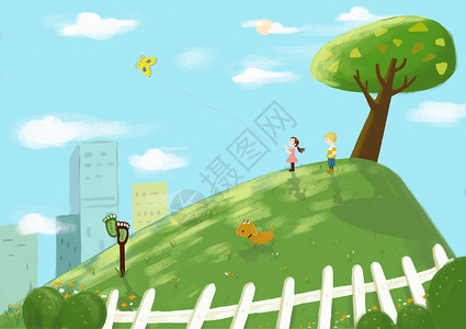园林景观标识牌春天放风筝插画