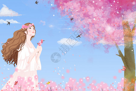 浪漫樱花海报浪漫樱花树下的少女插画