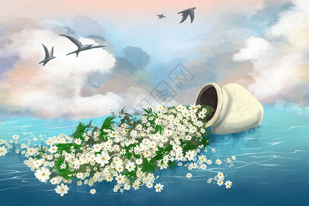 雏菊花开海上盛开的花插画
