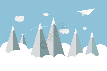 蓝天白云高山穿越高山的纸飞机插画