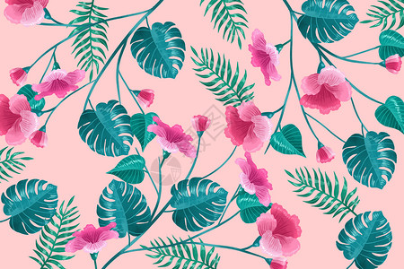 绿色树叶和花朵粉色花卉元素背景插画