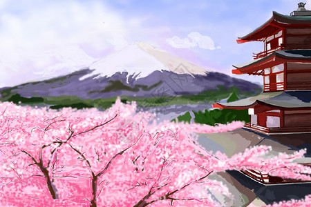 寺庙和樱花浪漫的樱花场景插画