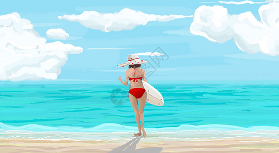 夏天海边冲浪女孩儿背景图片
