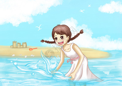 沙滩戏水立夏戏水的少女插画