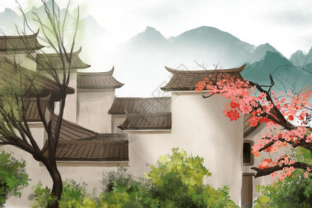 中国老房子远山春景插画