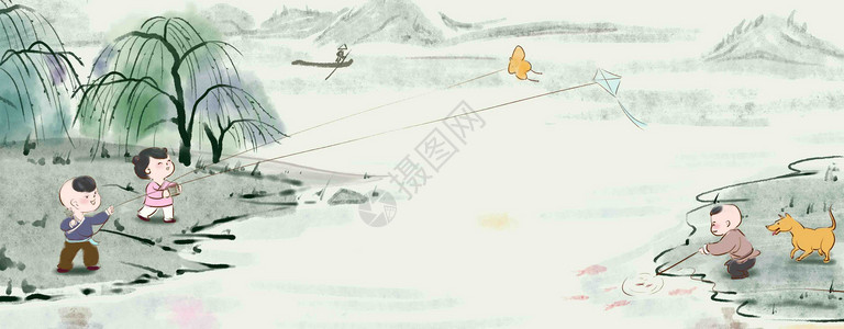 国画风格海景水边放风筝   和狗狗一起玩鱼插画