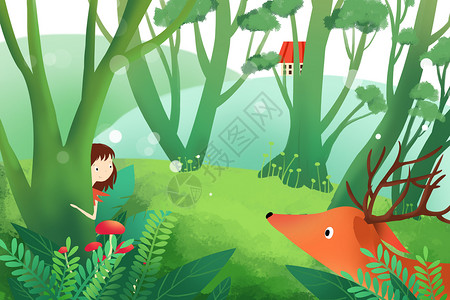 小女孩和鹿森林里的鹿插画