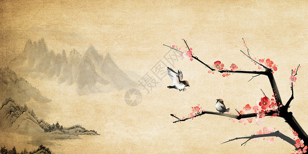 水墨画鸟花枝中国风背景设计图片