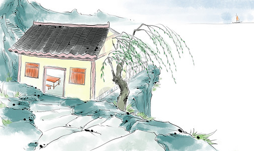 大海房子中国风水墨房子插画