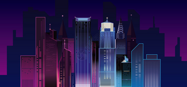 矢量建筑元素扁平化都市夜景插画
