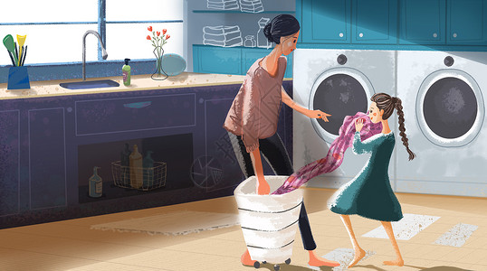 洗衣机内桶帮母亲做家务插画