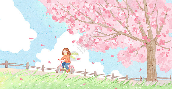 春季樱花树骑自行车春游插画