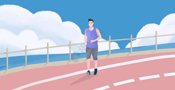 男生在跑步机上跑步在公路跑步的男生插画