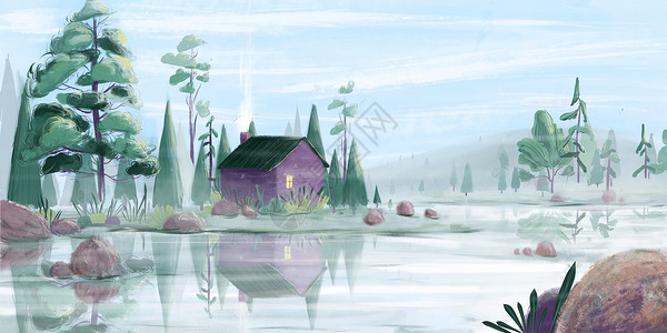 水中房子湖边小屋风景插画