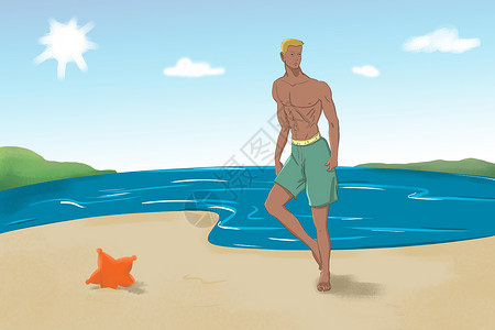沙滩裤沙滩男孩插画