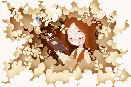 花草鸟刺绣看书的小女孩插画
